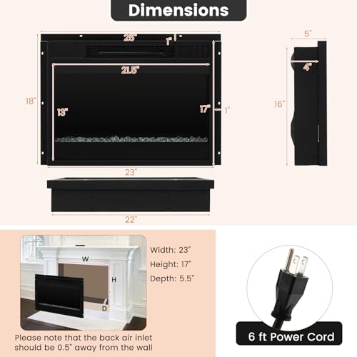 RELAX4LIFE 23’’ Electric Fireplace Wall Mounted - Recessed Fireplace Heater w/6 Adjustable Flame, 5 Brightness, Overheat Protection, Remote Control, Timer, Electric Fireplace Inserts, 1500W (Black) RELAX4LIFE