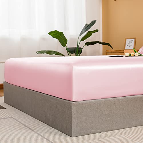 NSGZ Satin Fitted Sheet Twin, Single Silky Fitted Sheet Only Soft Deep Pocket Bottom Bed Sheets, Wrinkle Free & Fade Resistant & Breathable Bottom Sheets- Pink NSGZ