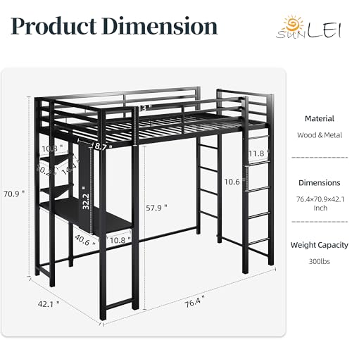 SUNLEI Loft Bed Twin Size with Desk and Safety Guard Rail, Twin Size Metal Bed Frame with Double Layer Shelves for Storage, No Box Spring Needed and 2 Security Ladders, Black SUNLEI