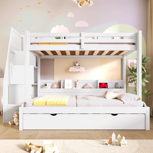 Bellemave Twin Over Full Bunk Bed with Storage Staircase, Trundle, Built-in Shelves & USB Charging Station, Space-Saving Design Bunk Bed Frame for Kids Teens, Solid Wood & MDF, White Bellemave