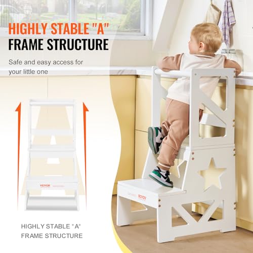 VEVOR Toddler Step Stool, Natural Pine Wood Kids Kitchen Stool Helper with Safety Rail, Standing Tower Learning Stool for Bedroom Bathroom Kitchen Counter, 150LBS Loading Capacity, White VEVOR