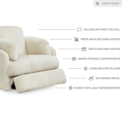 Signature Design by Ashley Tie-Breaker Cozy Contemporary Manual Press-Back Swivel Glider Rocker Recliner with 2 Bolster Pillows and Hidden Storage, White Signature Design by Ashley