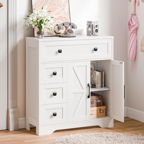 Vabches Farmhouse Storage Cabinet with 2 Doors and 4 Drawers, Freestanding Bathroom Storage Cabinet Kitchen Pantry, Floor Hutch Cupboard for Living Room/Bathroom/Kitchen,(Unique White) Vabches
