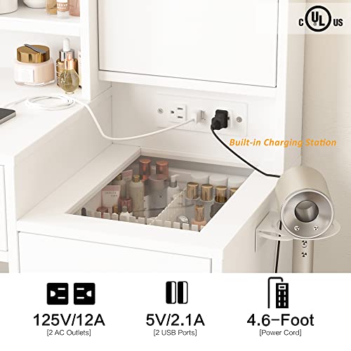 Vabches White Vanity Desk with Mirror and Lights, Vanity Table Makeup Vanity with Lights 3 Drawers and Cabinets, Charging Station & Sliding Door, Lots Storage Shelves Vabches