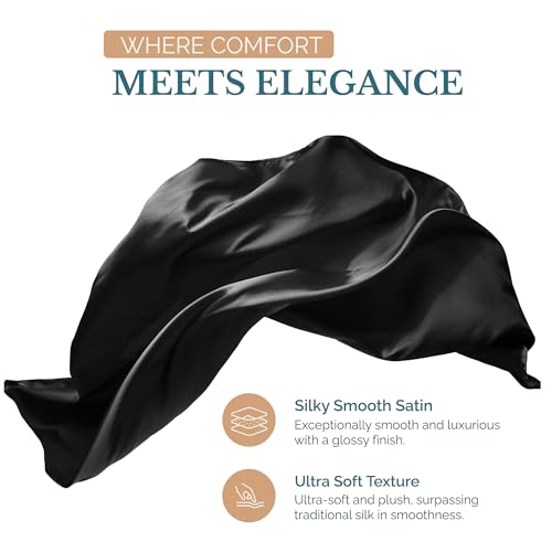 Casa Platino Queen Satin Sheets - Lightweight & Cooling Satin Bed Sheets Queen, with a 15 Inch Deep Pocket Fitted Sheet, Frizz Reducing Fabric, Machine Washable, Retains Shine After Wash - Black Casa Platino