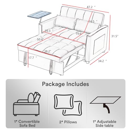 Rovibek Futon Sofa Bed Pull Out 3 in 1 Sleeper Sofa Couch Bed Convertible Sleeper Loveseat with Side Table & Reclining Backrest, Pillows and Pockets, for Living Room Apartment Office Rovibek