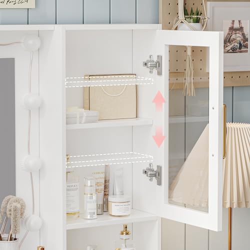 White Vanity Table with Drawer Dresser, Farmhouse Vanity Makeup Desk with Charging Station, Vanity Desk with Lights Mirror & Drawers for Makeup,Vanity Desk with Storage Shelf & 5 Drawers (Gold Handle) UGTOO