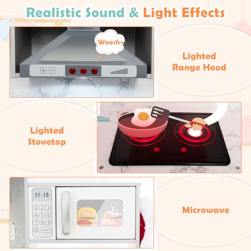 HONEY JOY Corner Kids Kitchen Playset, Wooden Play Kitchen for Toddlers, Range Hood, Water Circulation, Water Dispenser, Storage Box, Little Chef Pretend Toy Kitchen Set w/Lights & Sounds, Gray HONEY JOY