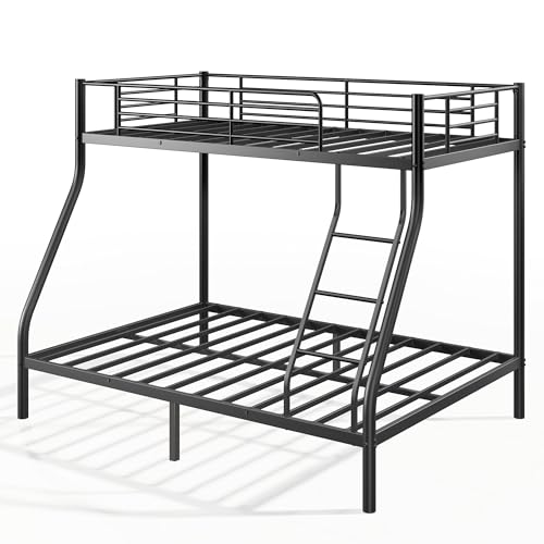 Metal Bunk Bed Twin Over Full Size, Heavy Duty Bunk Bedframe with Safety Guard & Ladder, Space-Saving, No Box Spring Needed, BunkBed Frame for Aldults Dorm Bedroom Guest Room (Black, Twin Over Full) OUEEEDD