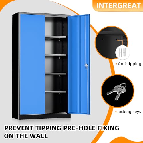 INTERGREAT Metal Storage Cabinets 72” Black Blue Garage Steel Storage Cabinet with Doors and Shelves, Steel File Cabinet for Home Office, Basement, Warehouse, Classroom(Anti Tipping) INTERGREAT
