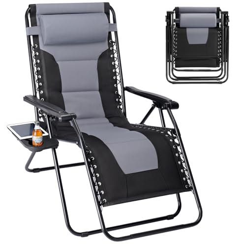 Sweetcrispy Zero Gravity Chairs, Foldable Patio Reclining Chairs with Adjustable Pillow & Cup Holder, Oversized Portable Support 400 lbs, for Backyard Camping(Black-Gray)