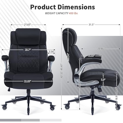 High Back Office Chair 400lbs Fabric- Thick Padded Cloth Computer Desk Chair, Adjustable Lumbar Support & Flip-Up Arms, Locking Wheels - Ergonomic Durable Work Chair for Adults, Men and Women Sunchen
