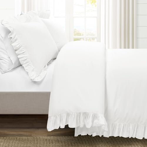 Lush Decor Reyna Ruffle Cotton Duvet Cover Set 3 Piece Set King, Pure White - King Size Bedding Set - White Duvet King- Ruffled Bedding - Coquette Decor Lush Decor