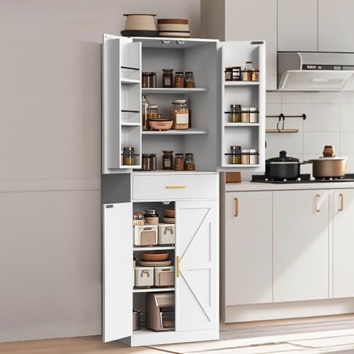 GTFURNI 71" Tall Kitchen Pantry Storage Cabinet with 4 Doors & Drawer, Adjustable Shelves, Farmhouse Cupboard, Freestanding Cabinet with Door Shelves for Dining Room/Living Space, White GTFURNI