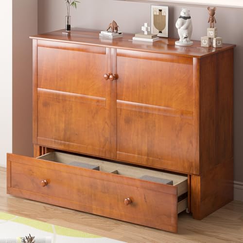 Mjkone Queen Murphy Bed, Cabinet Bed with Tri-fold Mattress/Built-in USB Charging Station/Drawers/Bedside Panel, Space Saving Hidden Adult Guest Beds, Murphy Chest Cabinet Beds for Bedroom - Cherry Mjkone
