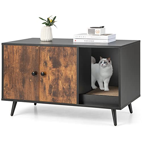Tangkula Cat Litter Box Enclosure, Cat Washroom W/Divider, Scratching Pad, Metal Leg, Enclosed Cat Box Cabinet Pet House W/Double Doors, Litter Box Furniture Hidden for Large Cat (Rustic Brown) Tangkula