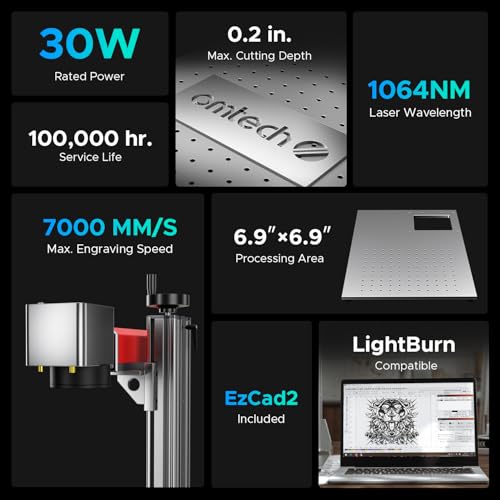OMTech 30W MOPA Fiber Laser Marking Machine with LightBurn, High-Speed Metal Laser Engraver, 7x7 Inch Work Area, Color Marking for Metal Jewelry, Aluminum, Stainless Steel, and More OMTech