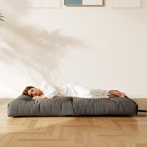 Furnify 6" Futon Mattress Queen Size, Futons Sofa Couch Bed with Straps, Thick Corduroy Fabric Floor Mattress for Adults, Foldable Mattress with Shredded Foam Filling (Frame Not Included), Grey Furnify