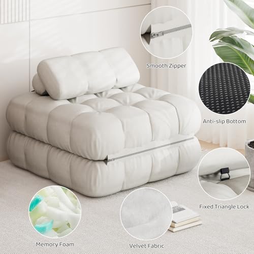 DSNAPE 3-in-1 Folding Sofa Bed, 35.4" Convertible Sleeper Chair Bed with Pillow Back Support, Portable Pull Out Velvet Futon Lounge Couch, Comfy Floor Mattress for Living Room Bedroom - White, Single DSNAPE