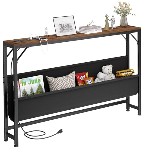 Asgolion 47.2'' Skinny Console Table with Power Outlet, 5.91" Behind Couch Table with Charging Station, Long Sofa Table, Narrow Entryway Table for Living Room, Foyer, Hallway, Rustic Brown Asgolion