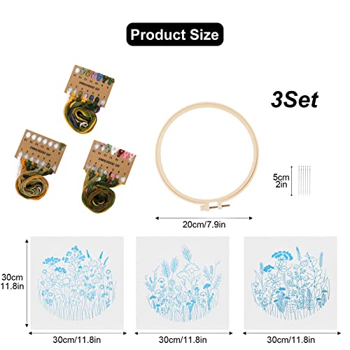 Lukinbox 3 Sets Embroidery Kit for Beginners, Fabric Cross Stitch Kits for Adults, DIY Embroidery Starter Kits with Floral Flower Patterns, Embroidery Hoops, Clothes, Threads and Needles