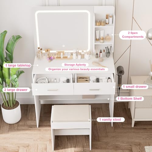 Hogxp Makeup Vanity with Lighted Mirror & Electrical Outlet - 2 Shelves, 2 Drawers, Bottom Storage - Comes with Upholstered Stool (White) Hogxp