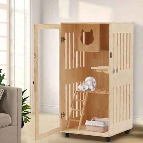 Catio Outdoor Cat Enclosure - 47.24" Large Wooden Cat House with Wheels, Multi-Level New Zealand Pine Wood (0.6" Thick) w/Clear Door for Indoor Use Nwkxnrt