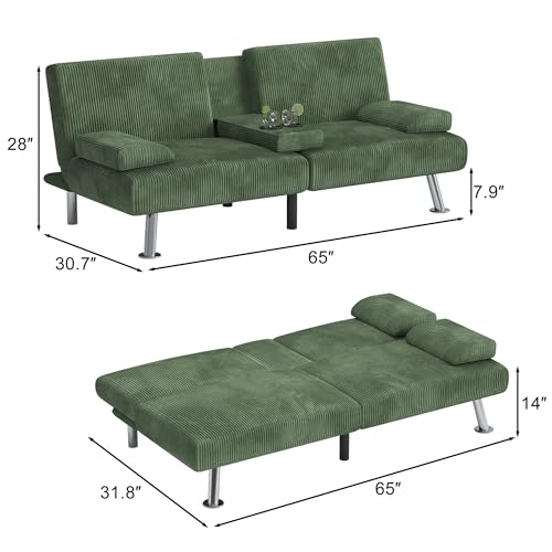 Shahoo Modern Upholstered Convertible Folding Futon Sofa Bed with Removable Armrests, Metal Legs, 2 Cup Holders for Living Room, Green Shahoo