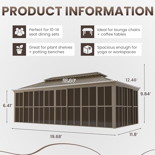 EROMMY 12' X 20' Hardtop Sunroom, Galvanized Steel Double Roof Gazebo Solarium with Detachable Windows & Lockable Doors, All-Weather Sun Room for Patio Deck Backyard