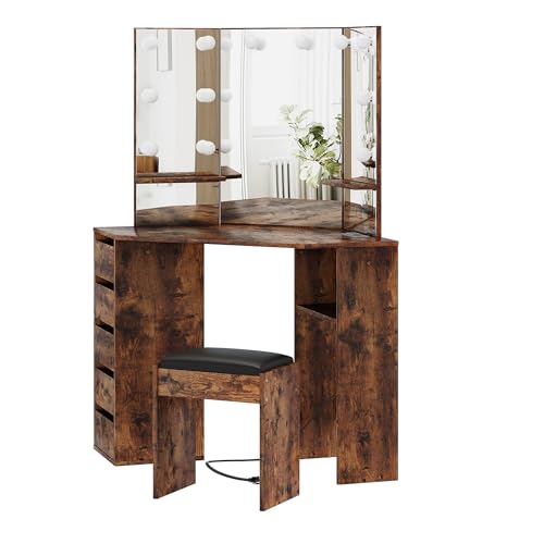 Garvee Corner Vanity Desk and Bench, Makeup Vanity Table with 3-Folding Lighted Mirrors, Charging Station, 5 Drawers for Bedroom Garvee