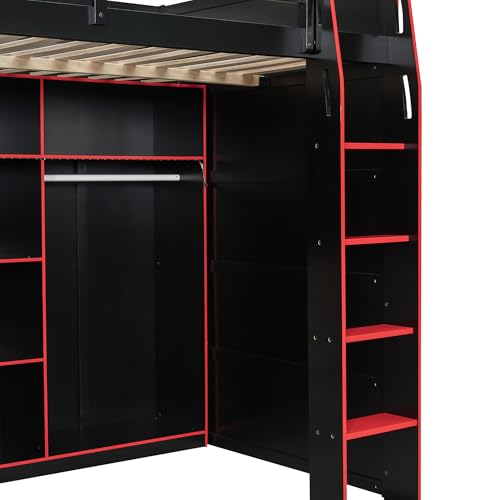 Merax Wood Loft Bed with Desk, Open Wardrobe, Storage Compartments and RGB Lights, Full Size, Red Merax