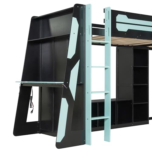 LUMISOL Twin Size L-Shaped Loft Bed with 2 Built-in Desks, Gaming Loft Bed Frame with RGB LED Lights, USB Ports, TV Stand and Storage Shelves for Kids, Teens, Adults, Space-Saving, Noise Free, Blue LUMISOL