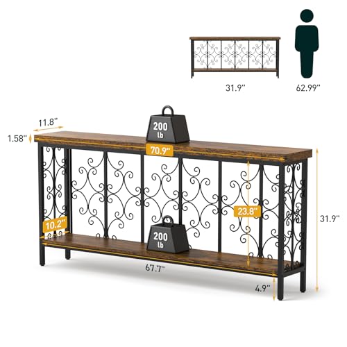 ikkle 70.9" Extra Long Console Table, Industrial Narrow Sofa Table Behind Couch with 2 Tier Storage Shelf, Entryway Hallway Accent Table for Living Room, Foyer, Rustic Brown ikkle