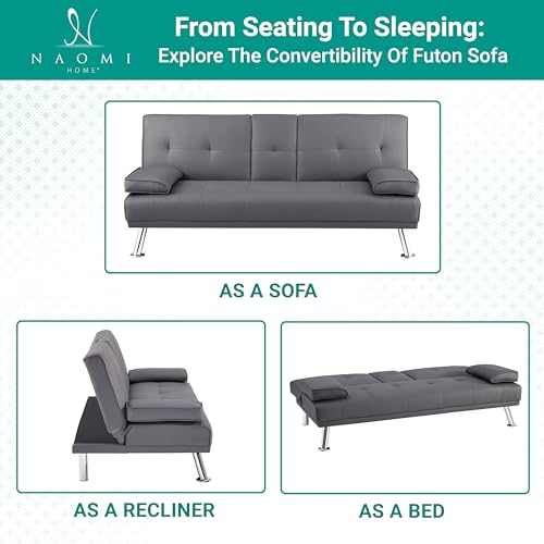 Naomi Home Transform Your Living Space with Comfort Gray Futon Sofa Bed with Armrest Cupholders Reclining Function Ideal for Cozy Living Rooms Sofa Bed Couch Metal Legs Faux Leather Naomi Home