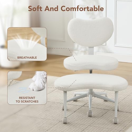 Ergonomic Cross Legged Chair with Wheels,360° Swivel Meditation Chair,ADHD Chair, Criss Cross Desk Chair with Lumbar Support and Adjustable Stool, Flexible Design for Fidgety Sitters, Ivory leader cattle