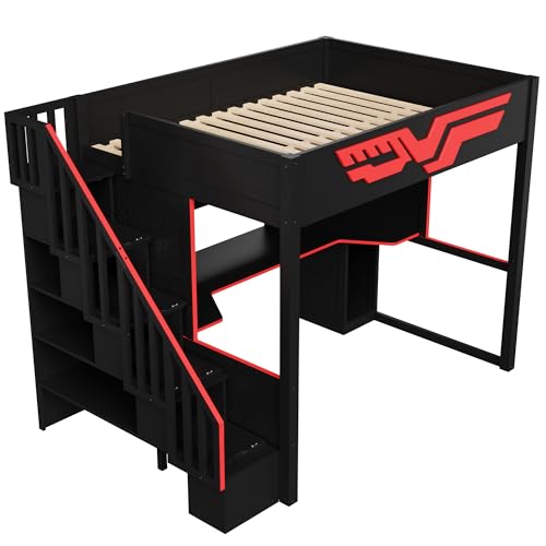 Merax Full Size Gaming Loft Bed with Desk, Wood Loft Bed Frame with LED Light, Charging Station, and Storage Staircase, for Kids, Teens, Boys Girls,Black Merax