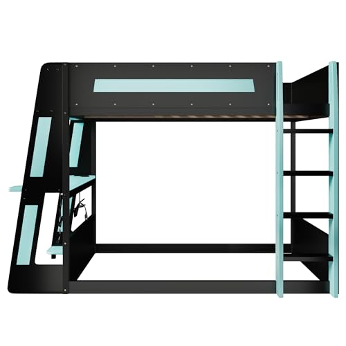 Full Over Full Wooden Bunk Bed with Desk & Charging Station & LED Lights,Gaming Loft Bed Frame with Safety Guardrails,Ladder and Storage Shelves,Esports Design for PC & Console Gamers,Black Blue FUvellamo