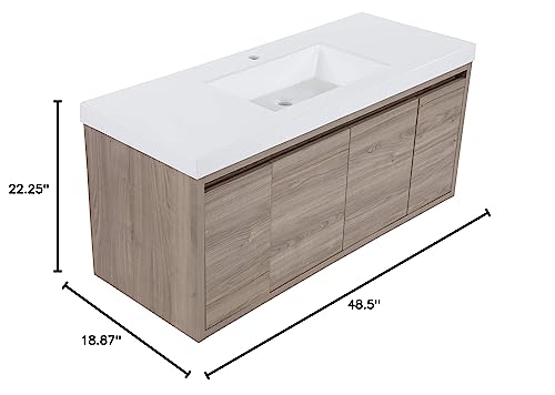 Spring Mill Cabinets Kelby 48 Inch Modern Floating Bathroom Vanity with White Single Sink Top, 2-Door Cabinet, 2 Soft-Close Drawers, 48.5" W x 18.75" D x 22.25" H, Forest Elm Spring Mill Cabinets