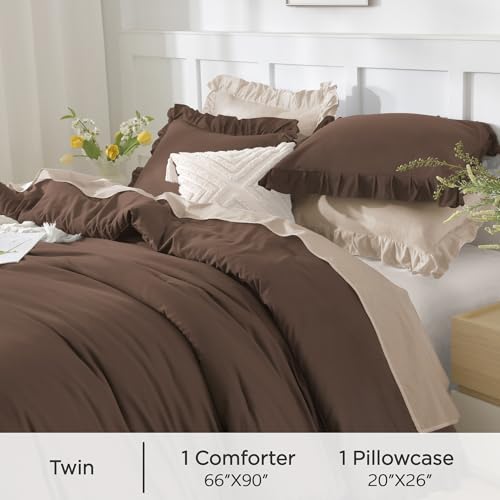 Andency Brown Comforter Twin Size, 2 Pieces Solid Farmhouse Shabby Chic Ruffle Bedding Comforters & Sets, All Season Soft Lightweight Fluffy Bed Set for Kids Girls Teens