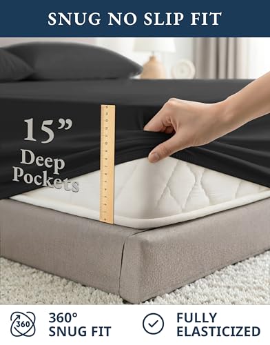 LANE LINEN 100% Organic Cotton Bed Sheets King Size, Soft & Comfy Fully Elasticized Percale Bedding Sheets & Pillowcase Set, Low Pilling Machine Washable King Sheet- Black Sheets LANE LINEN