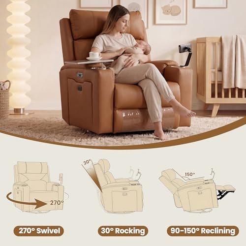 PU Leather Power Swivel Glider Recliner w/ Adjustable Headrest & Lumbar, Electric Nursery Rocking Chairs with Side Storage Space, USB Port, Phone Stand, Stry Table, Cup Holder for Nursery & Home,Brown