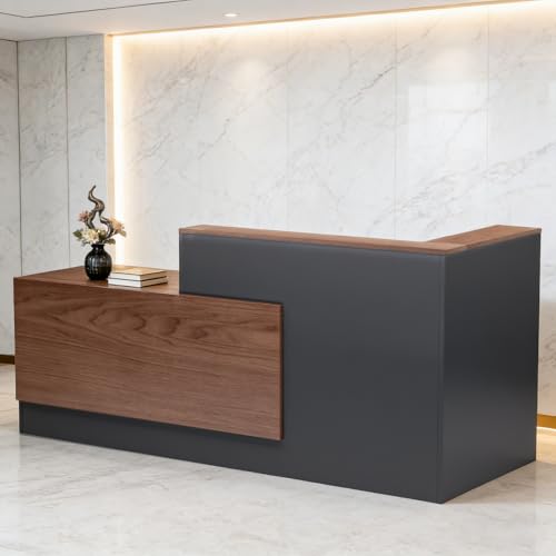 L-Shaped Modern Large Wooden Commercial Reception Desk with Counter & Shelves, Front Reception Desk Counter Table with Storage, Drawers for Offices,Home (Brown + Black, Left- 71''L x 42''W x 41''H) Drexo