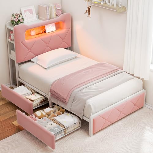 Twin Upholstered LED Bed Frame with 2 Storage Drawers and 2-Tier Storage Bookcase Headboard, Velvet Princess Platform Bed for Kids/Girls/Boys, Heavy Duty Metal Support, No Box Spring Needed, Pink Jocoevol