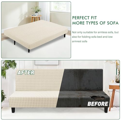 MAXIJIN Stretch Armless Futon Cover (67"-82") Jacquard Futon Couch Covers Full Queen Size Sofa Bed Slipcover Washable Mattress Furniture Protector with Elastic Bottom, Beige MAXIJIN