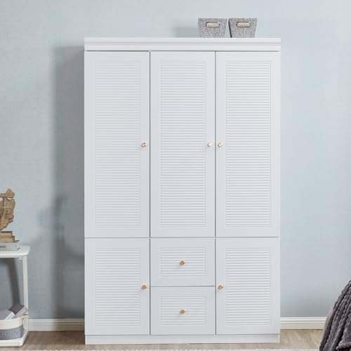 WonderWard 74" H Wardrobe with 3 Doors and 2 Storage Drawers, White Armoire Wardrobe Closet, Bedroom Closet with Hanging Rod, Clothing Wardrobe Closet, Wooden Louvered Wardrobe Closet. WonderWard