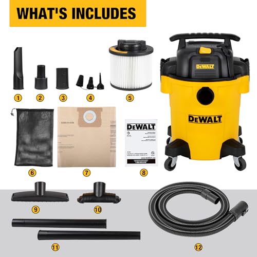 DEWALT Shop Vacuum 6 Gallon 4HP Poly Wet Dry Vacuum Ultimate Cleaning Solution for Construction Workshop Environments for Jobsite Garage Home W/Inflation Ket, Yellow, DXV06PL DEWALT