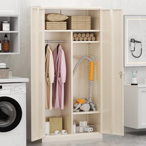 INTERGREAT Metal Storage Cabinet with Locking Doors, 72" Tall Wardrobe Closet with Lock and Hanging Rod, Steel Storage Locker Closet with 4 Shelves for Home Office, Garage, Grey INTERGREAT