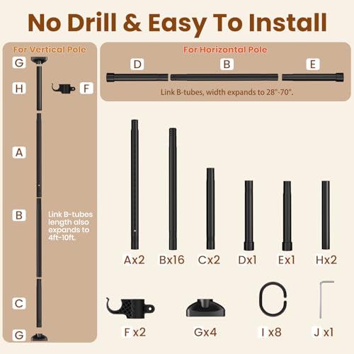 Bonpally Room Divider Curtain Rod, No Drilling Room Separator for Space Partition, 4-10ft (H) 28-70 inch(W) Adjustable Heavy Duty Temporary Wall Divider Floor to Ceiling Tension Rod, Black Bonpally