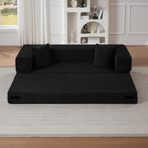 KEIKI 78" Futon Folding Sofa Bed, 4-in-1 Boneless Couches for Living Room, Oversized Comfort Corduroy Upholstered Sleeper Pull Out Bed for Small Space Bedroom Lounge, Removable Armrests, Black KEIKI