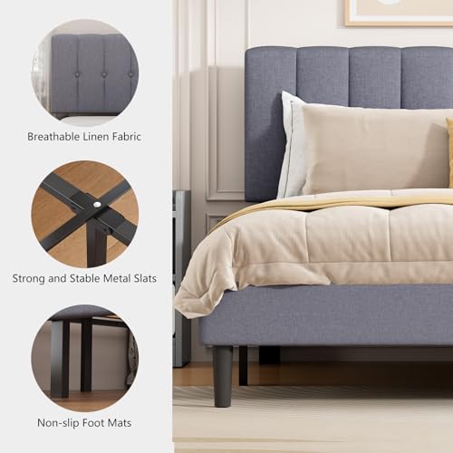 DUMOS King Size Bed Frame - Fabric Upholstered Platform Bed with Headboard, 800LBS Sturdy Wooden Slats Support, No Box Spring Needed, Noise Free, Easy Assembly, Grey DUMOS